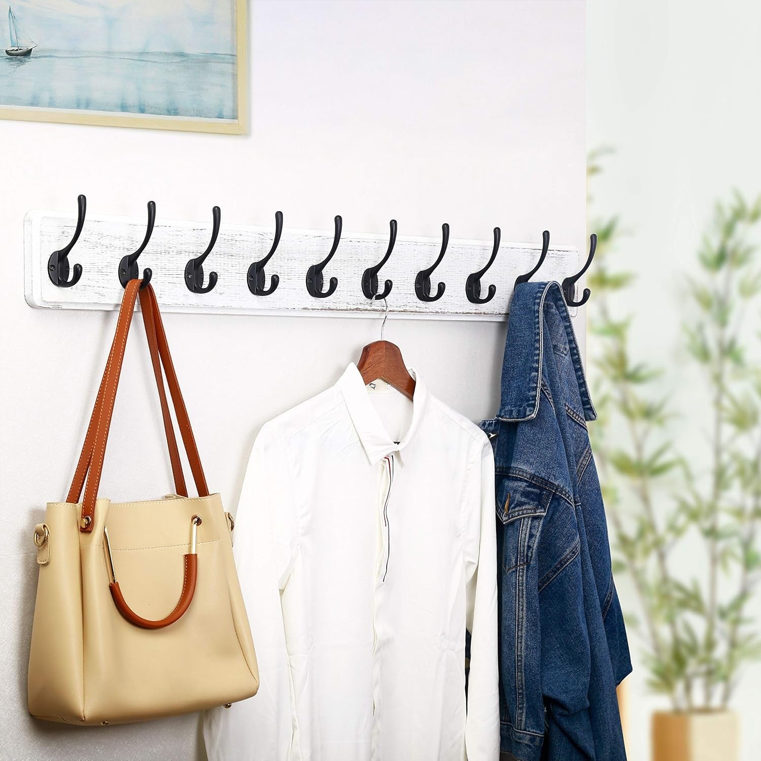 Wall Mounted Coat Rack 10 Hooks | 98cm Wooden Hanging Hook Rail Black/White