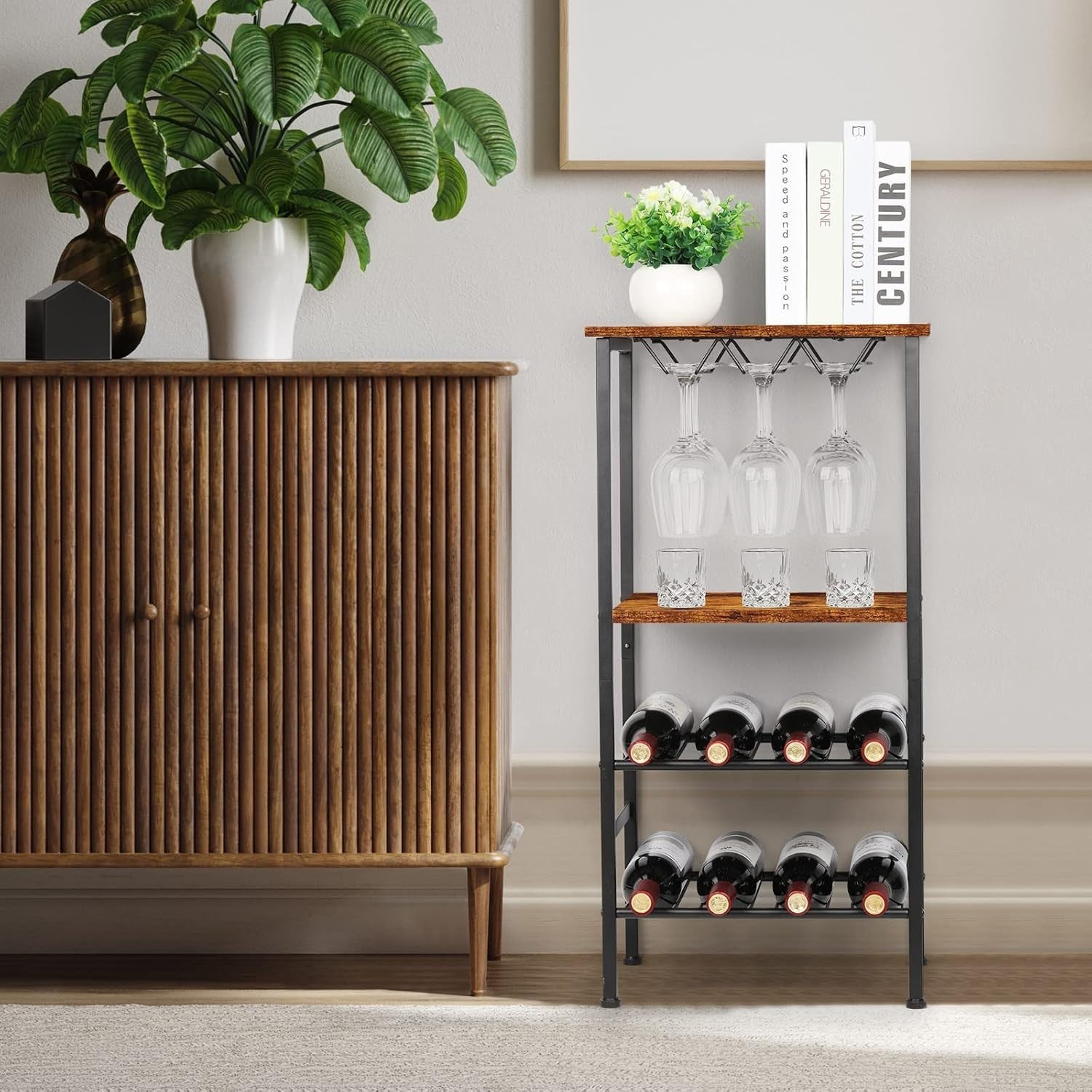 4-Tier Wine Rack with Glass Holder Rustic Bar Storage Shelf Free Standing Unit