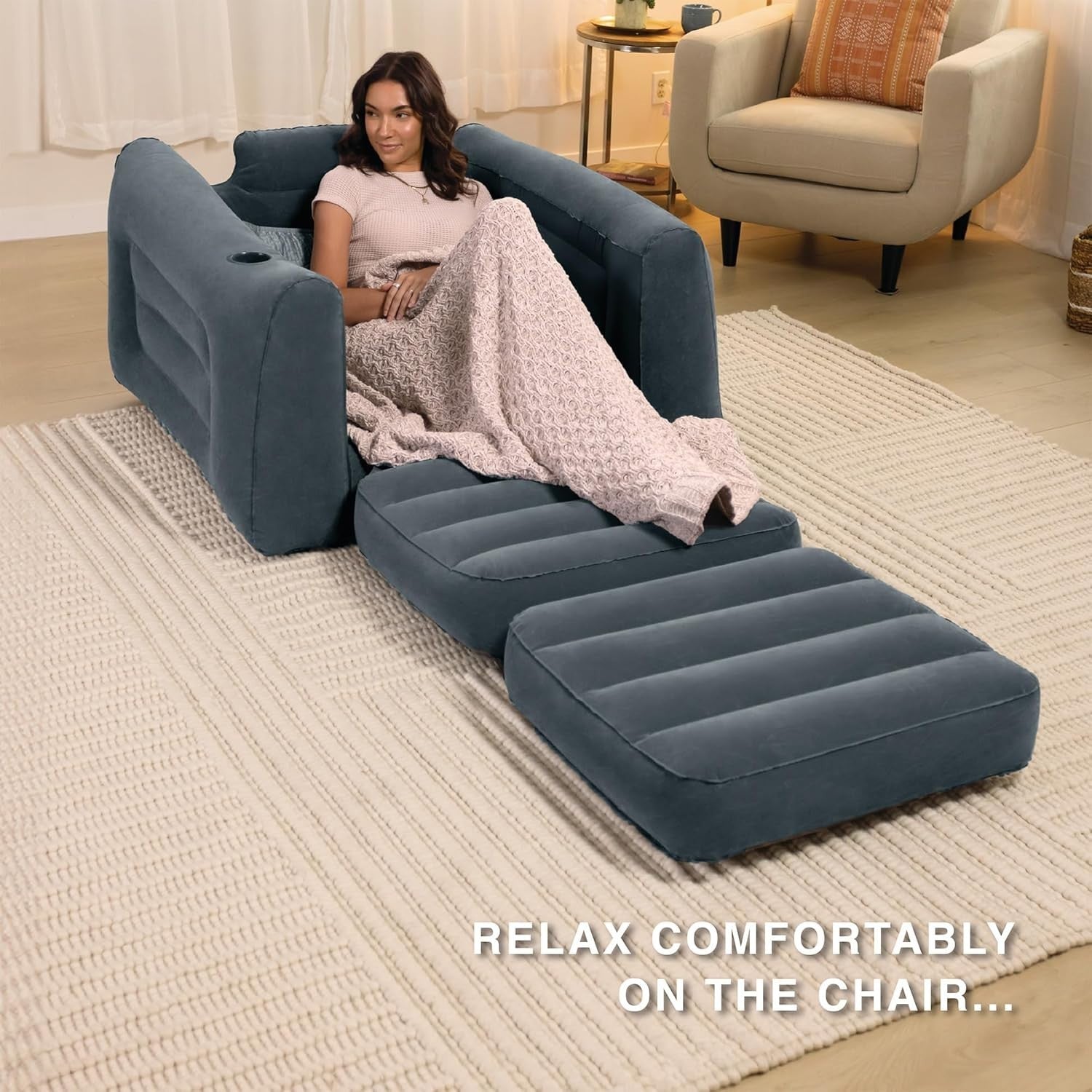 Inflatable Pull-Out Chair – 2-in-1 Bed & Lounger with Cupholder