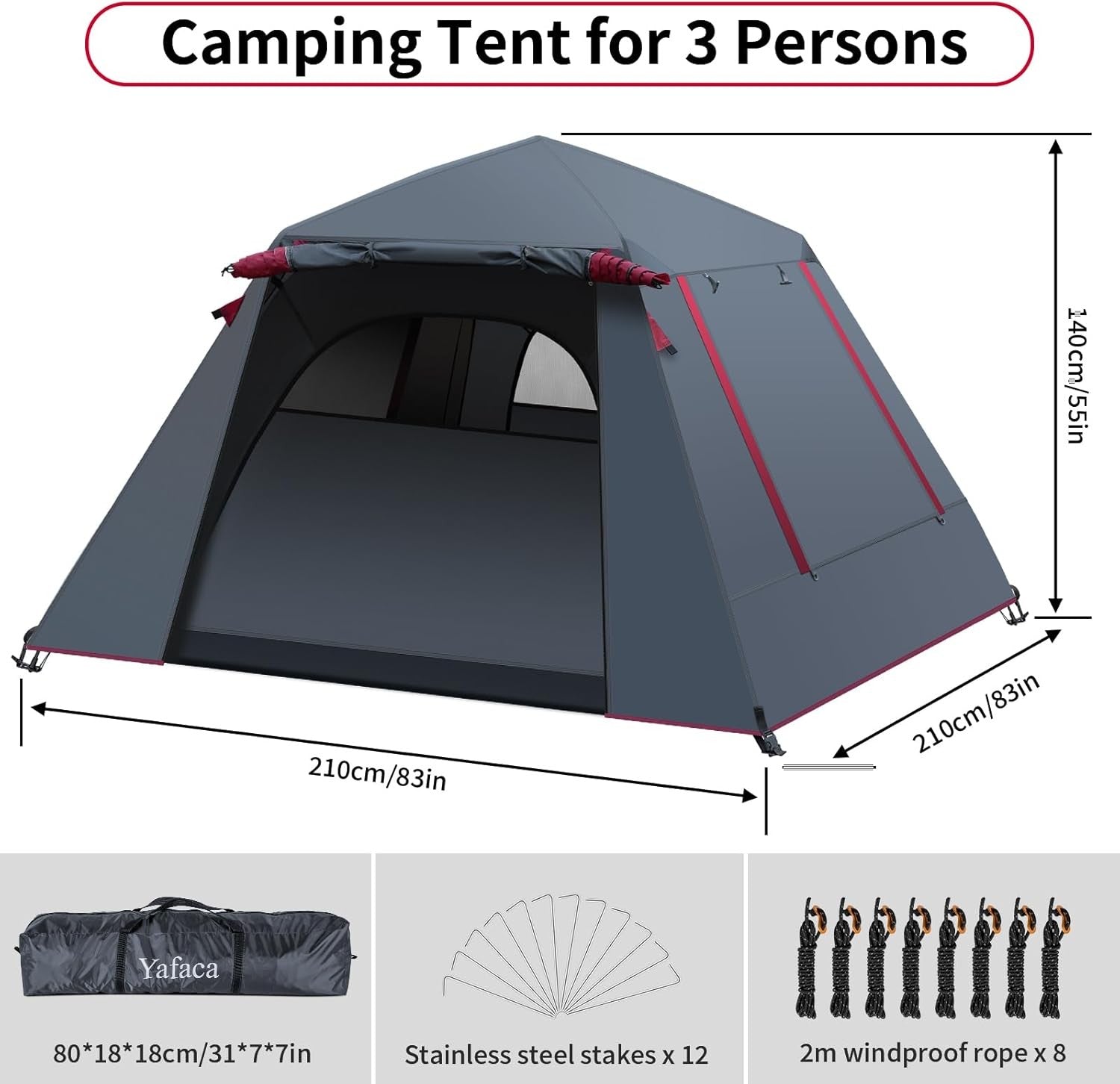 3 Man Pop Up Camping Tent Waterproof Automatic Dome 2 Layer
