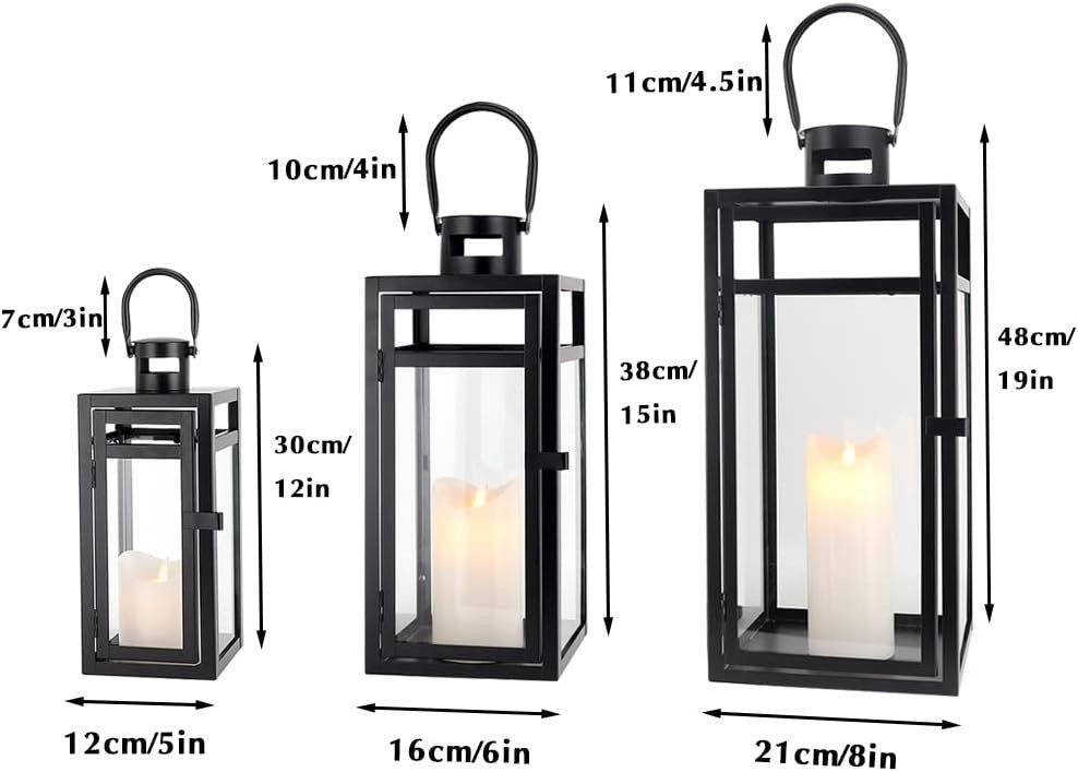 3 Pack Metal Candle Lanterns Indoor Outdoor Matte Black