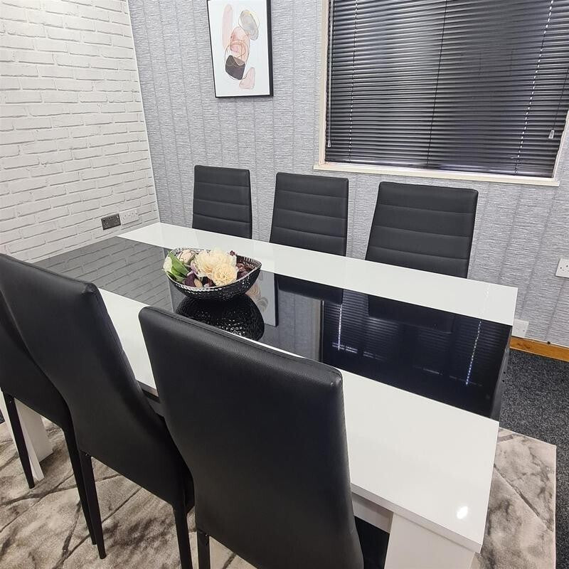 6 Seater Dining Table Set White Black Chairs Modern Kitchen Room MDF 140cm