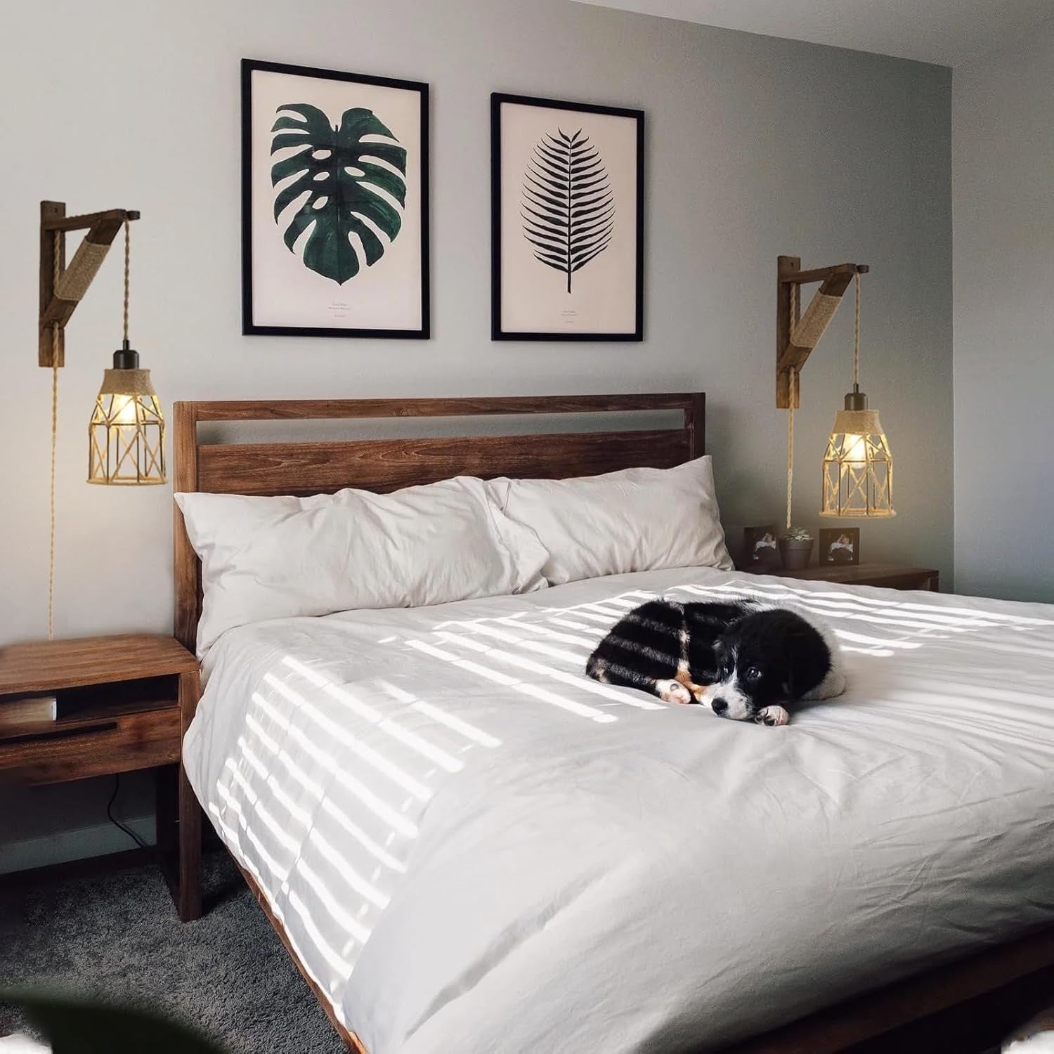 Rustic Farmhouse Plug-in Wall Sconces with Metal Cage & Wooden Bracket