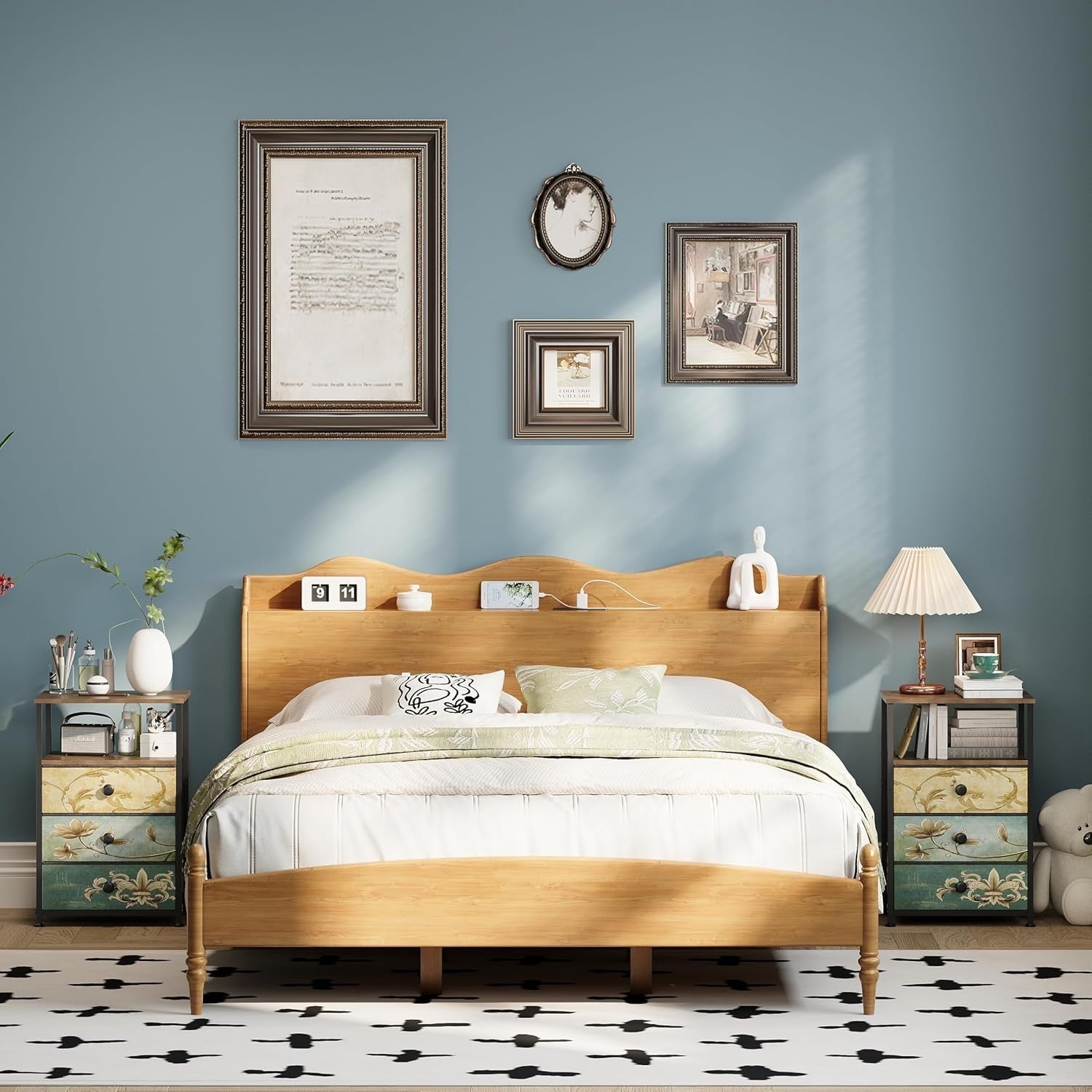 3 Drawer Vintage Wood Dresser with Fabric Drawers | Bedroom Storage Cabinet