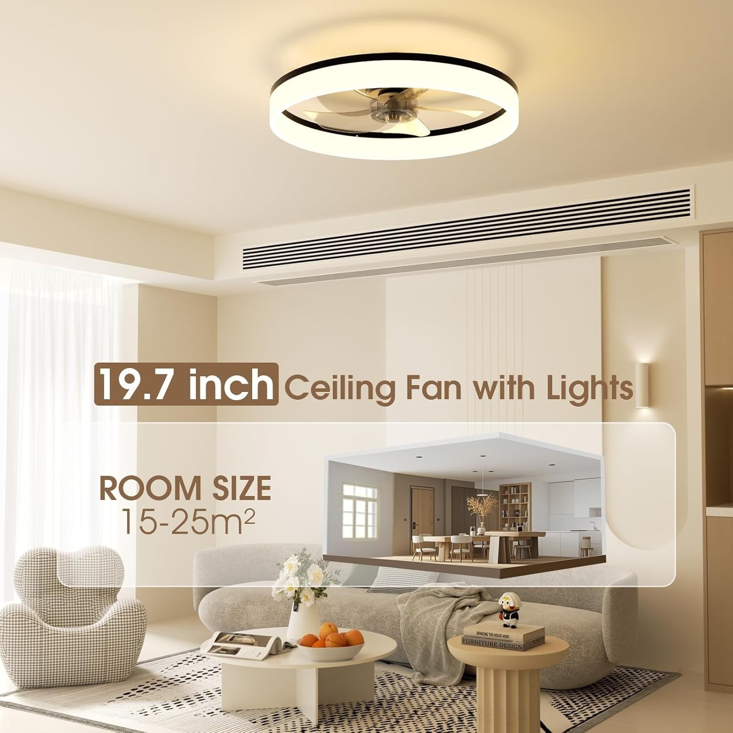 50CM LED Ceiling Fan with Light, 6 Speeds, Remote Control, Dimmable