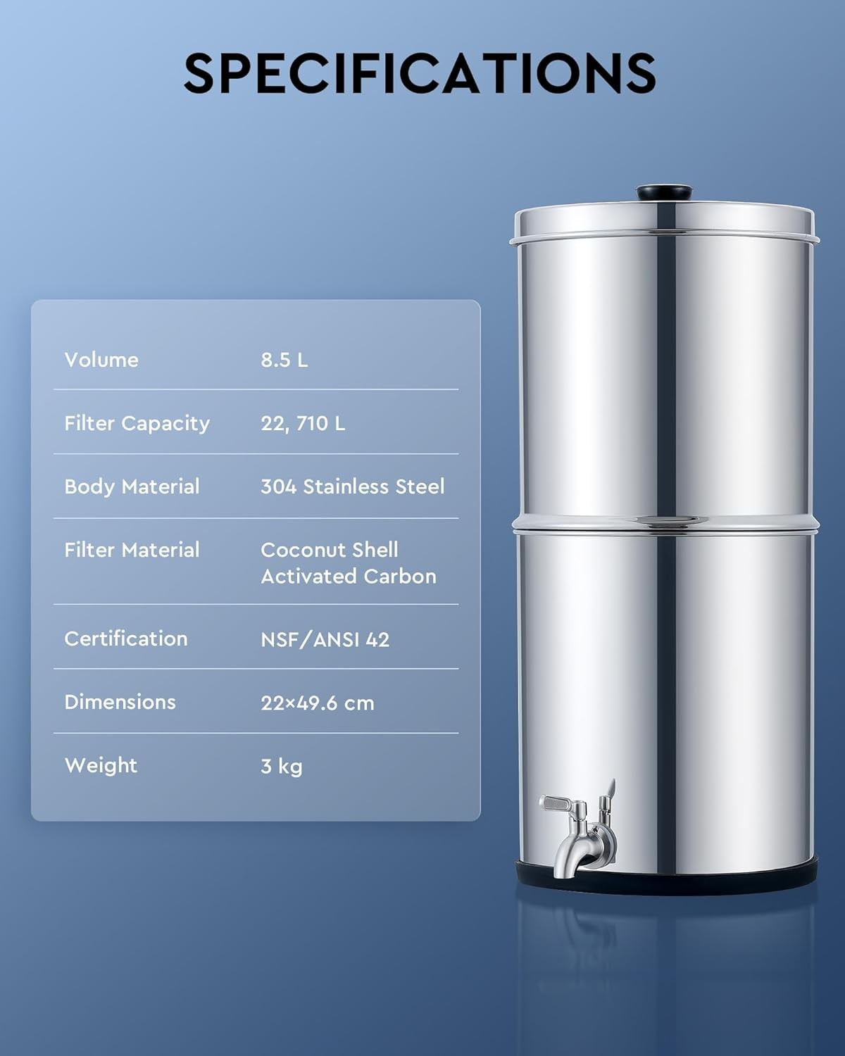 Gravity Fed Water Filter 8.5L Stainless Steel Countertop Purifier NSF