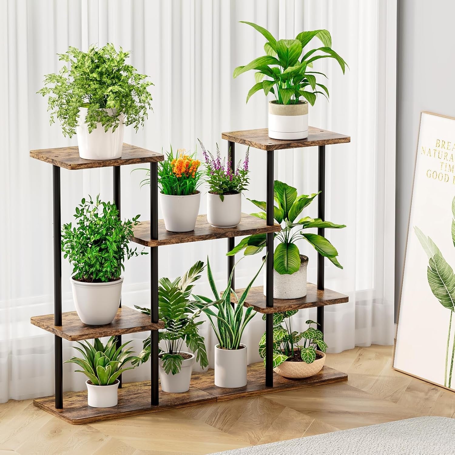 6 Tier Metal Wood Plant Stand Indoor Outdoor Corner Flower Pot Shelf Rack