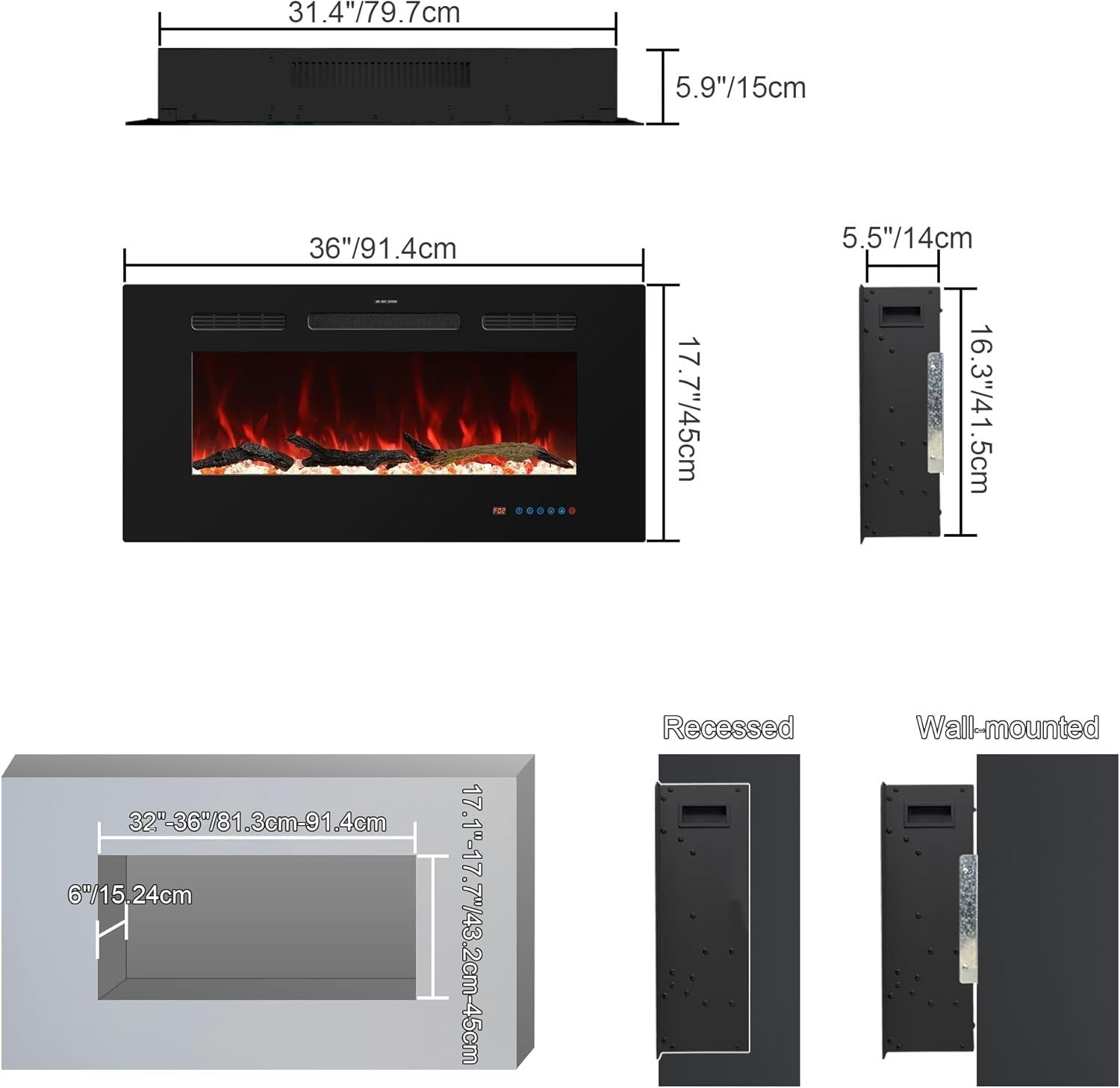 122cm Wall Mounted Electric Fireplace Heater LED Flame Remote Recessed