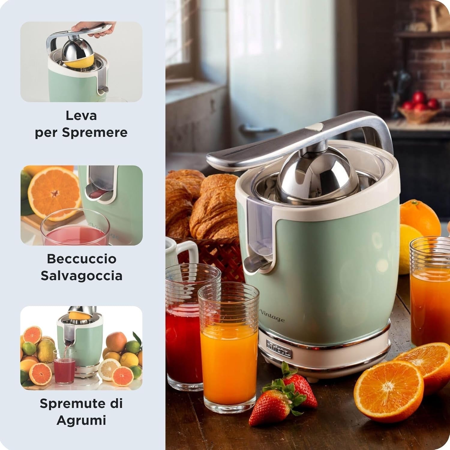 Electric Citrus Juicer Lever Press 85W Stainless Steel Anti-Drip Retro