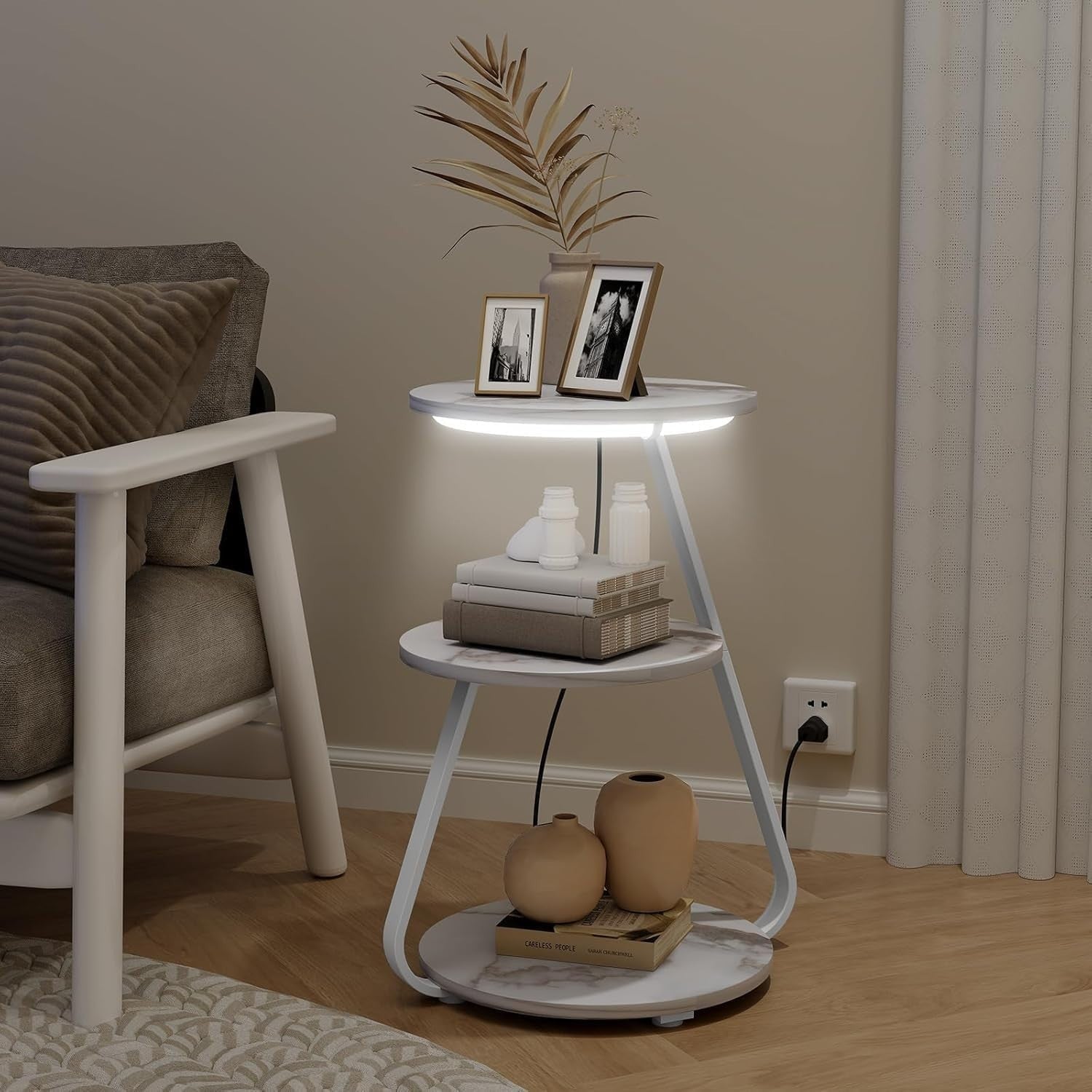 Set of 2 Round Side Tables with 6-Color LED & 3-Tier Storage – Modern Design