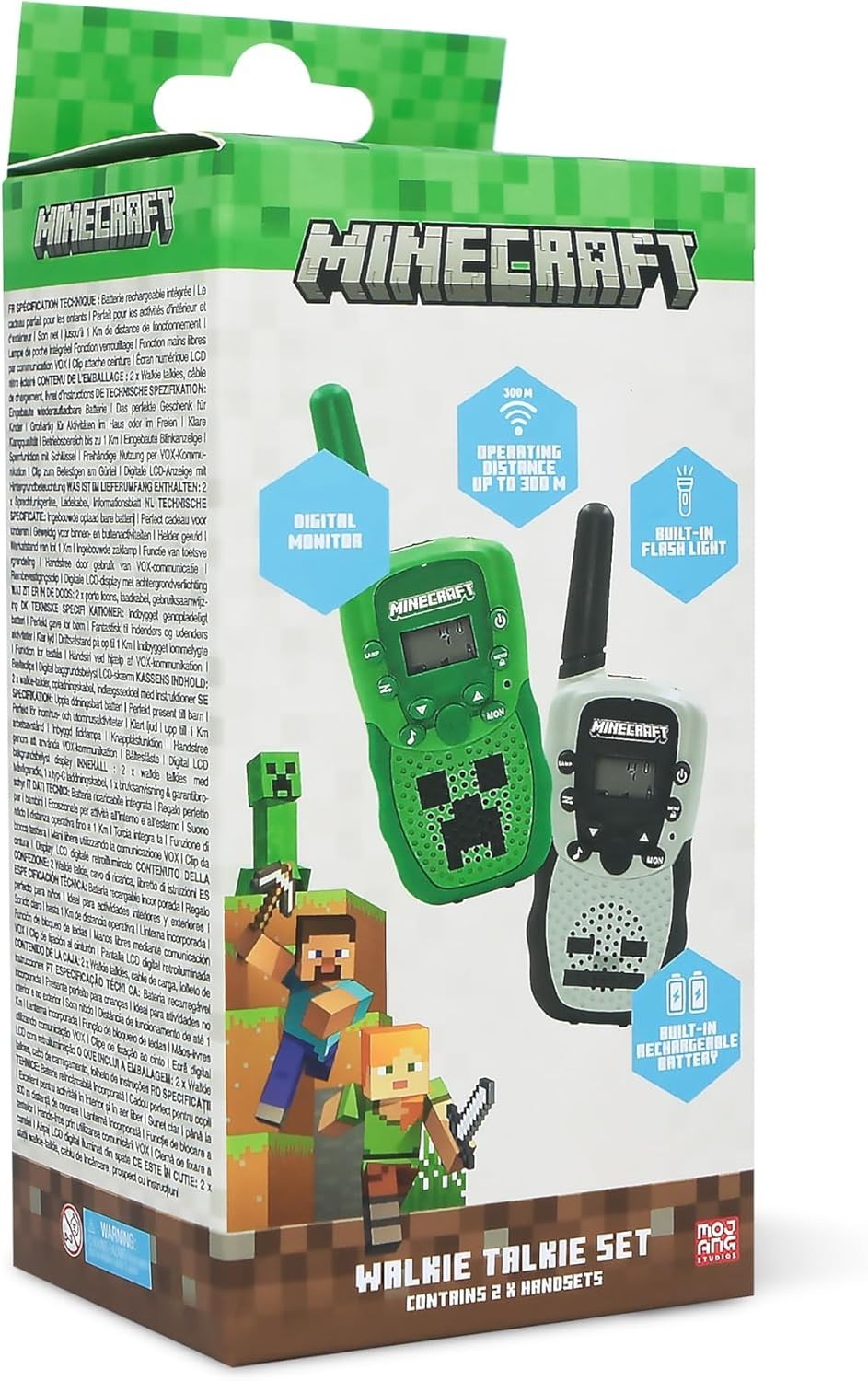 Minecraft Walkie Talkie Set 2 Pack Rechargeable VOX Flashlight 1km