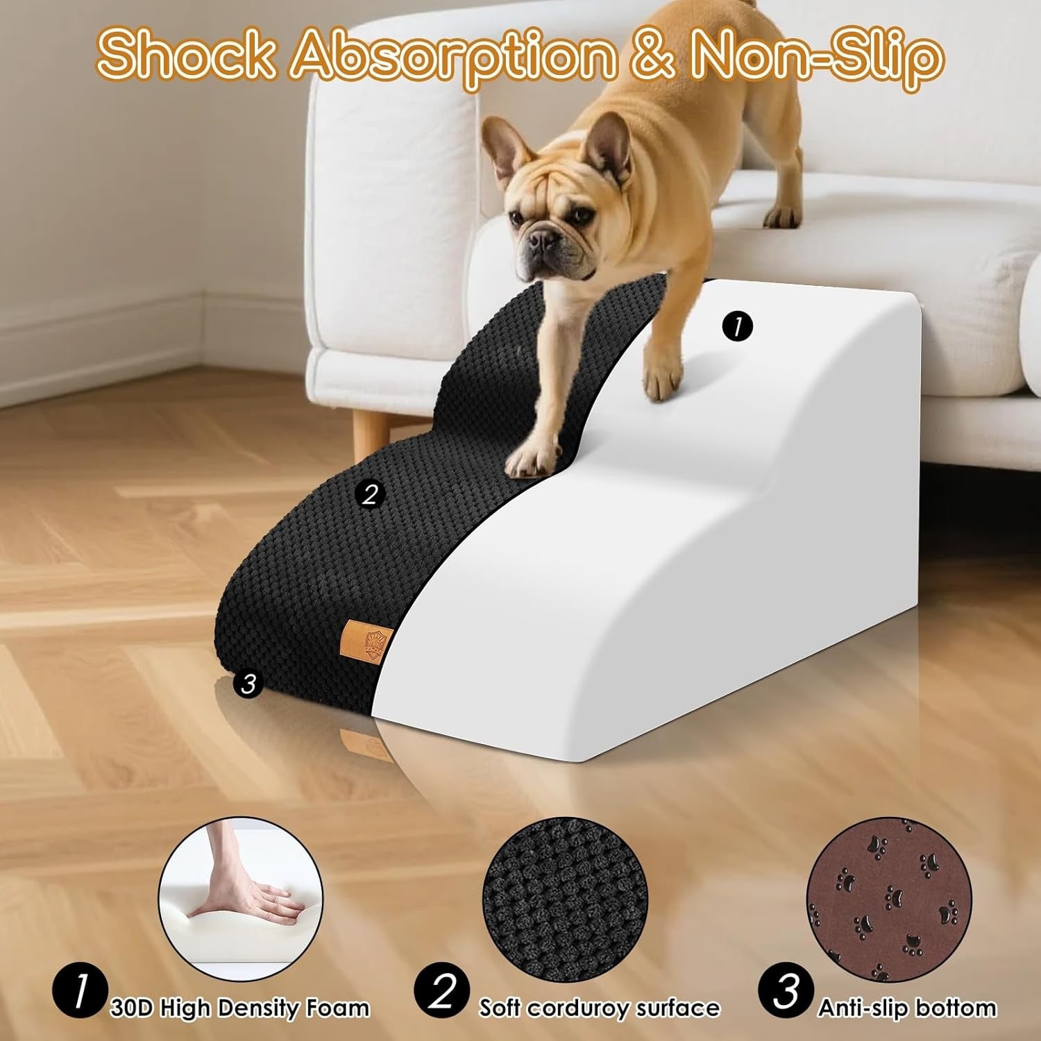 Black 2 Step Dog Stairs Non Slip Foam Pet Ramp 55x40x30cm
