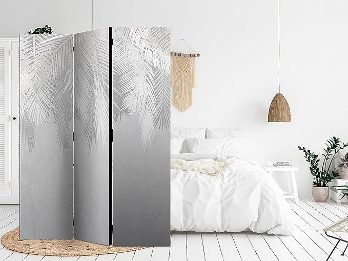 Silver Palm Leaf Folding Room Divider 3 Panel Acoustic Canvas Privacy Screen