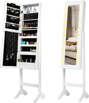 LED Full Length Mirror Jewelry Armoire Adjustable Standing Storage White