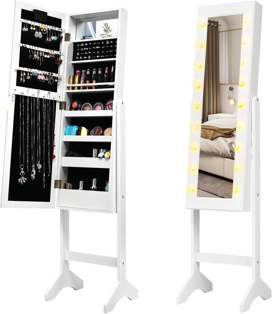 LED Full Length Mirror Jewelry Armoire Adjustable Standing Storage White