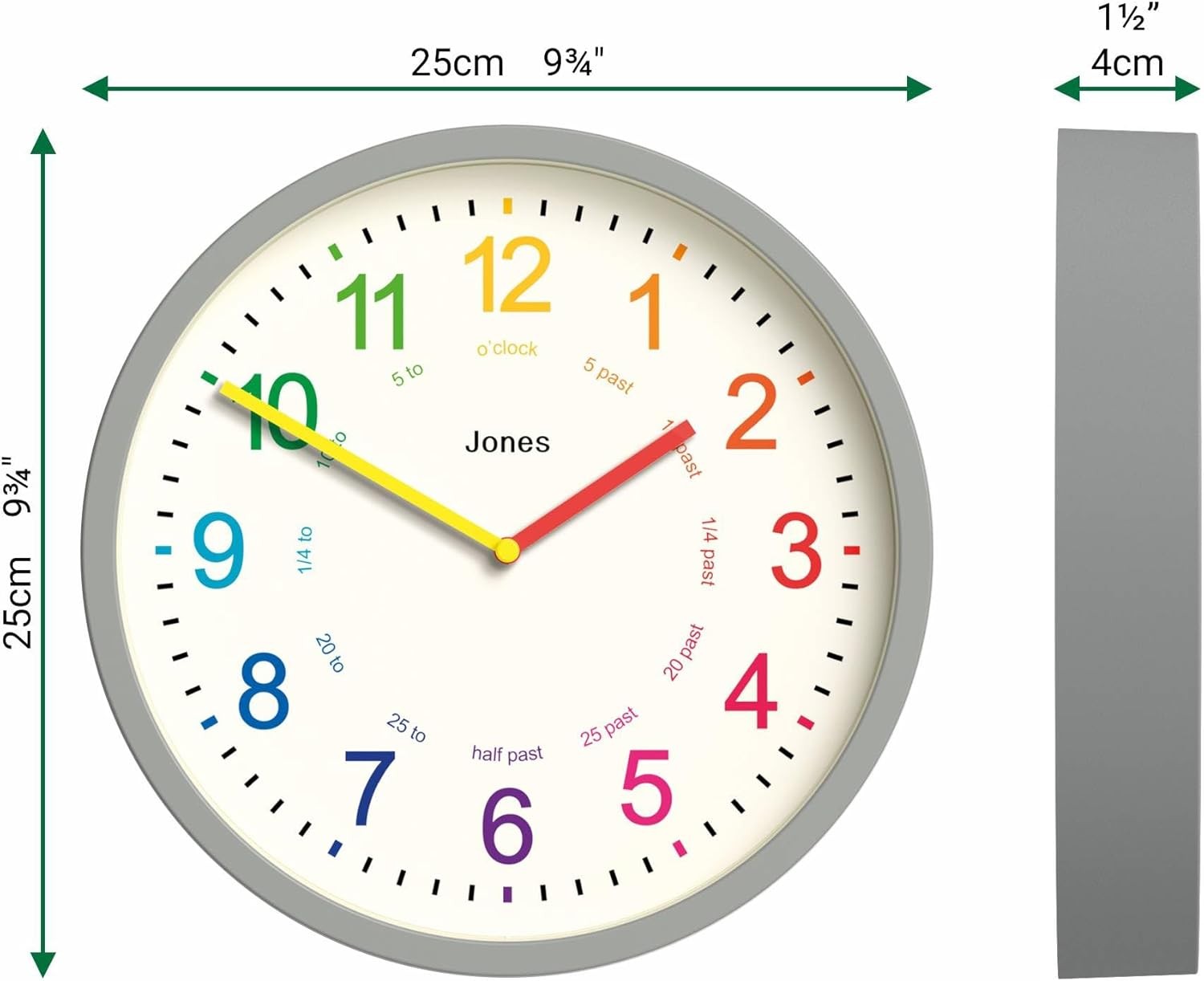 Kids Wall Clock 25cm Silent Quartz Grey Modern Colourful Number Nursery Clock