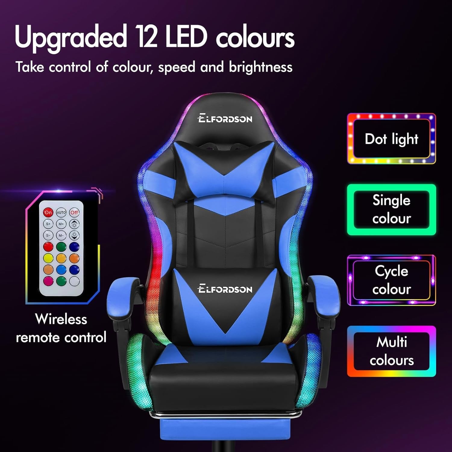 LED Gaming Chair Blue RGB Massage Recliner w/ Footrest 150° Swivel