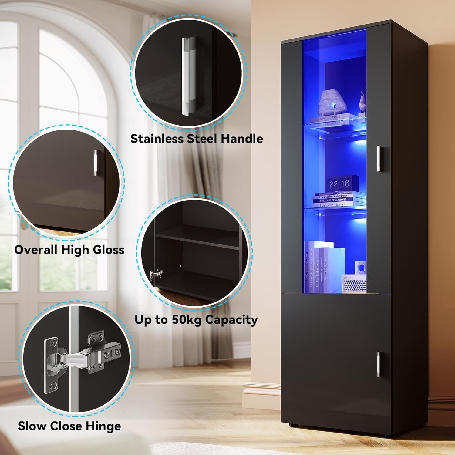 Tall 187cm Black Gloss LED Display Cabinet with Clear Front & Glass Shelves