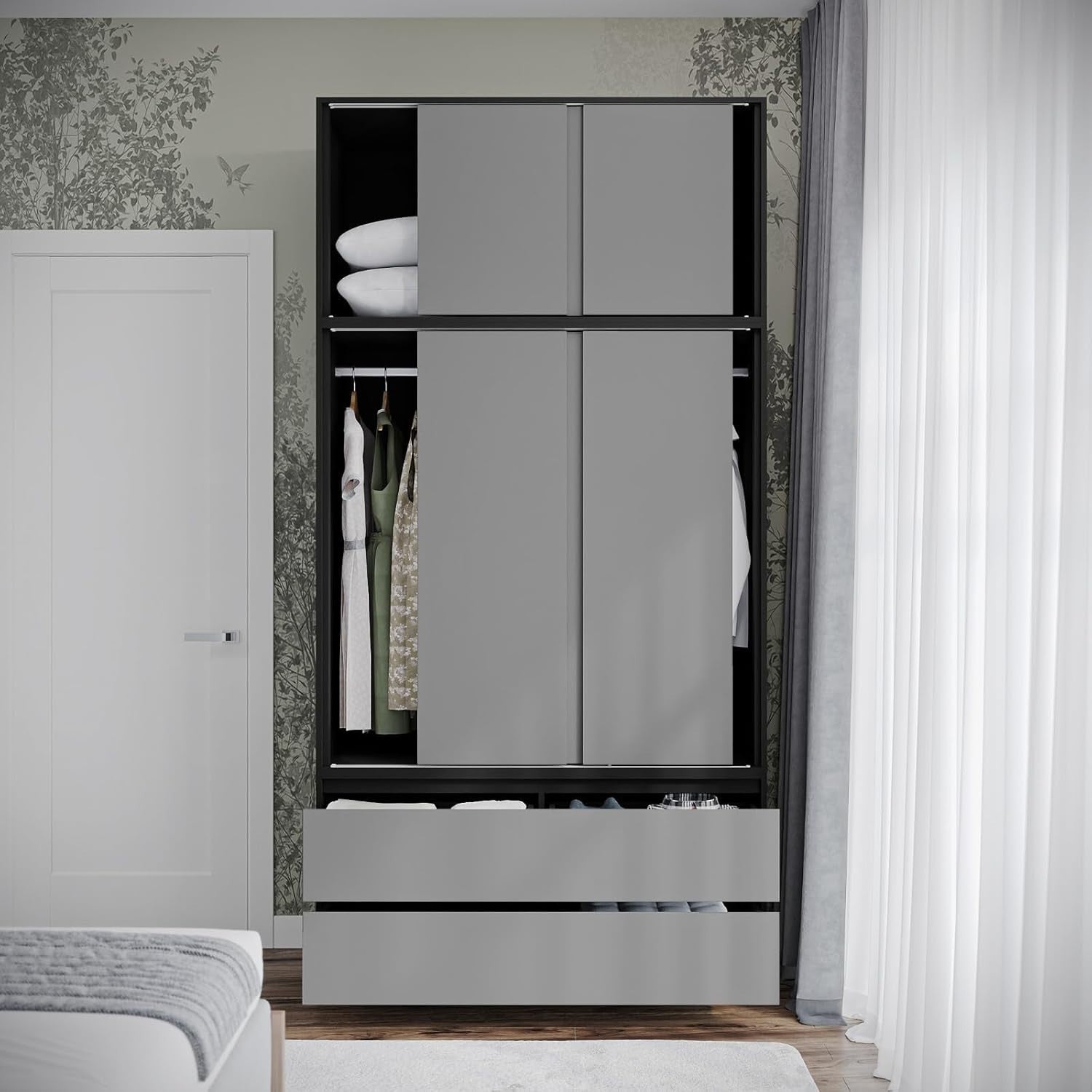 Grey Sliding Door Wardrobe 6 Doors 4 Drawers 240cm Modern Closet Storage