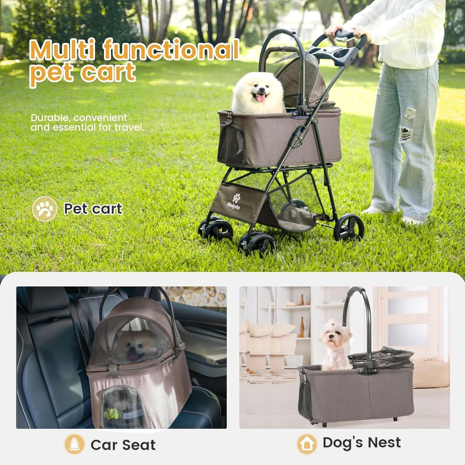 2 in 1 Pet Dog Stroller Removable Carrier 4 Wheel Folding Travel Pram