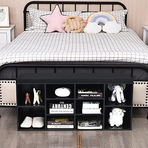 Black Shoe Bench with Cushion 10-Compartment Storage Rack Adjustable Shelves