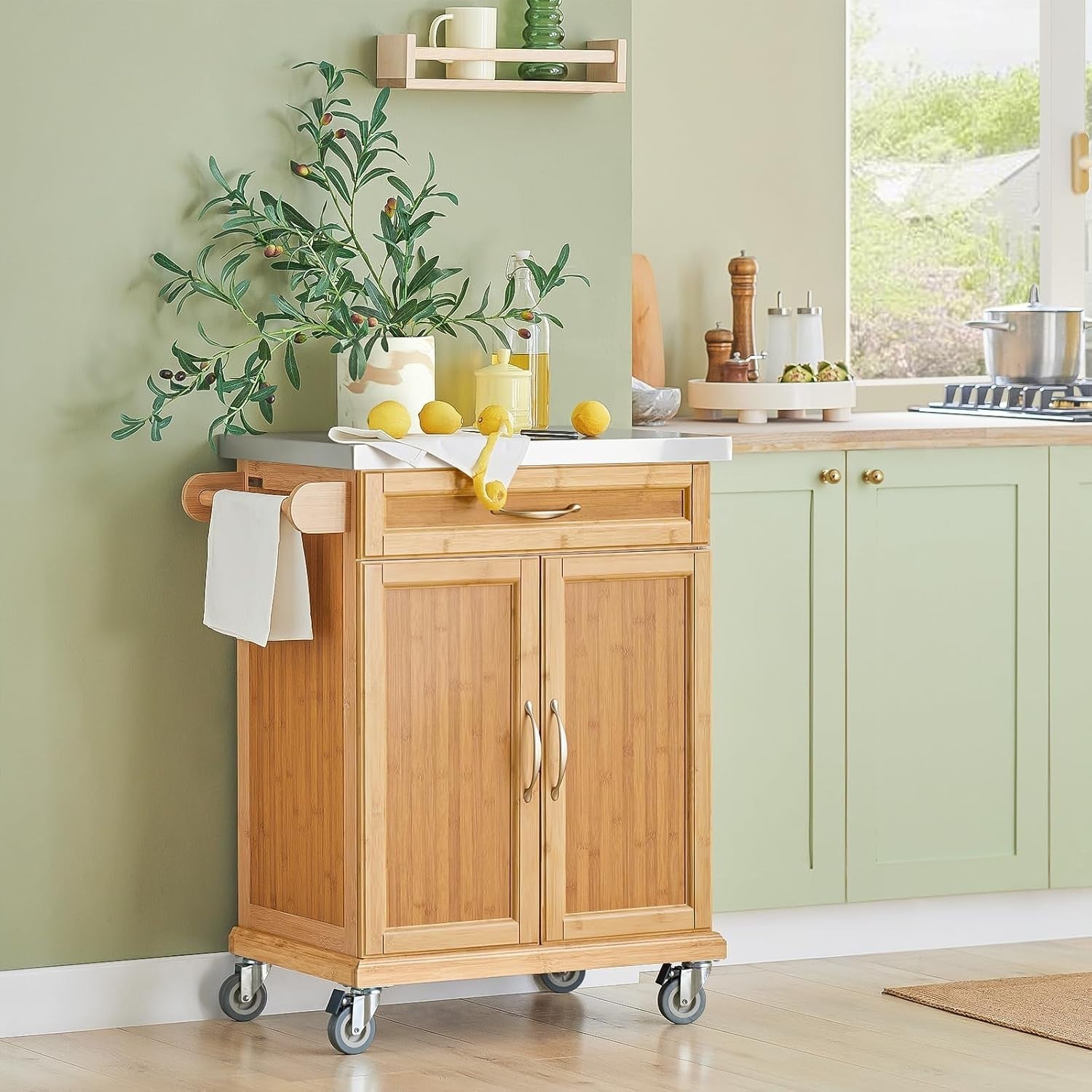 Bamboo Kitchen Trolley Stainless Steel Top Storage Cart