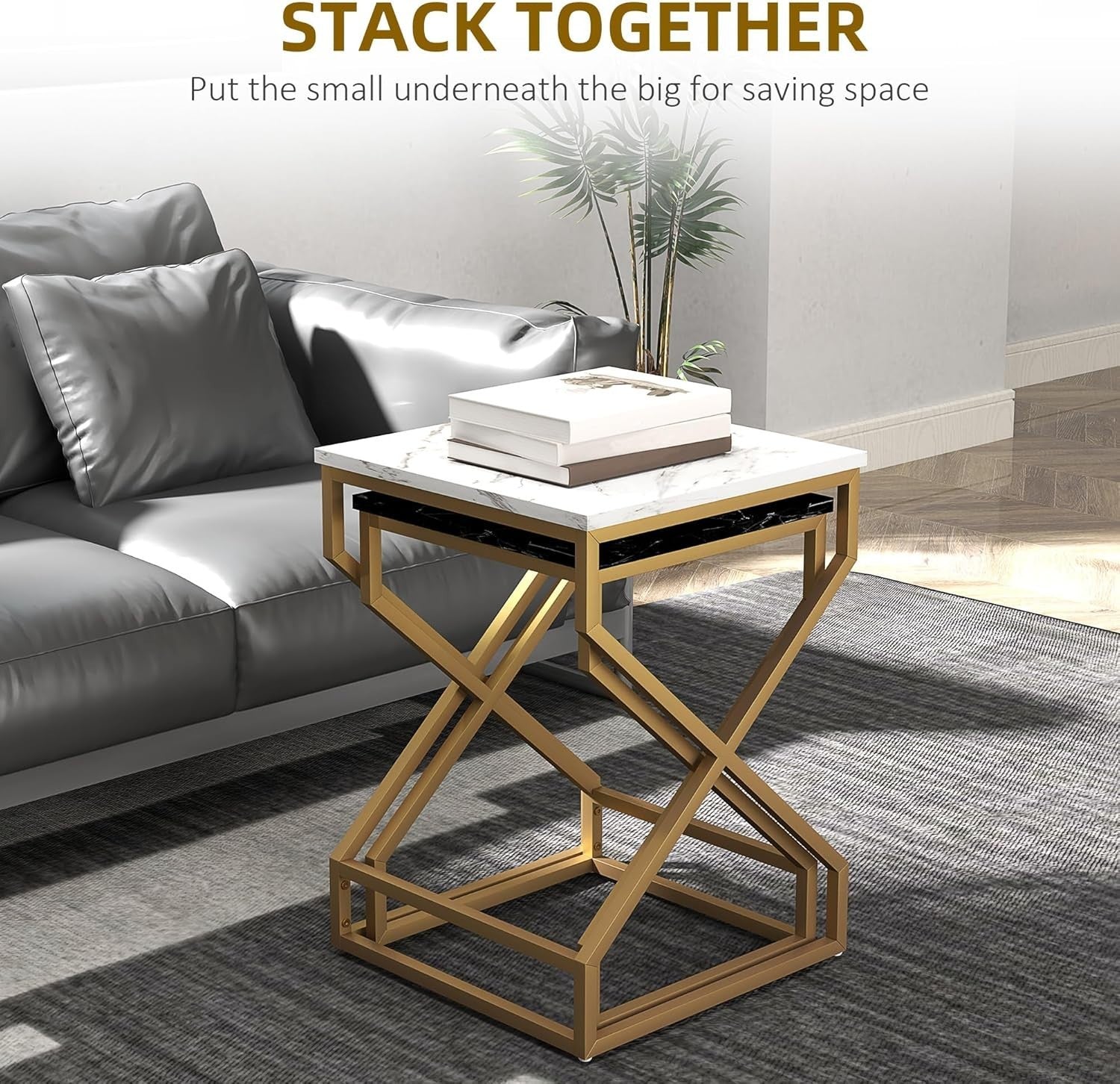 2-Piece Nesting Side Tables Set Black White Living Room End Coffee Bedside