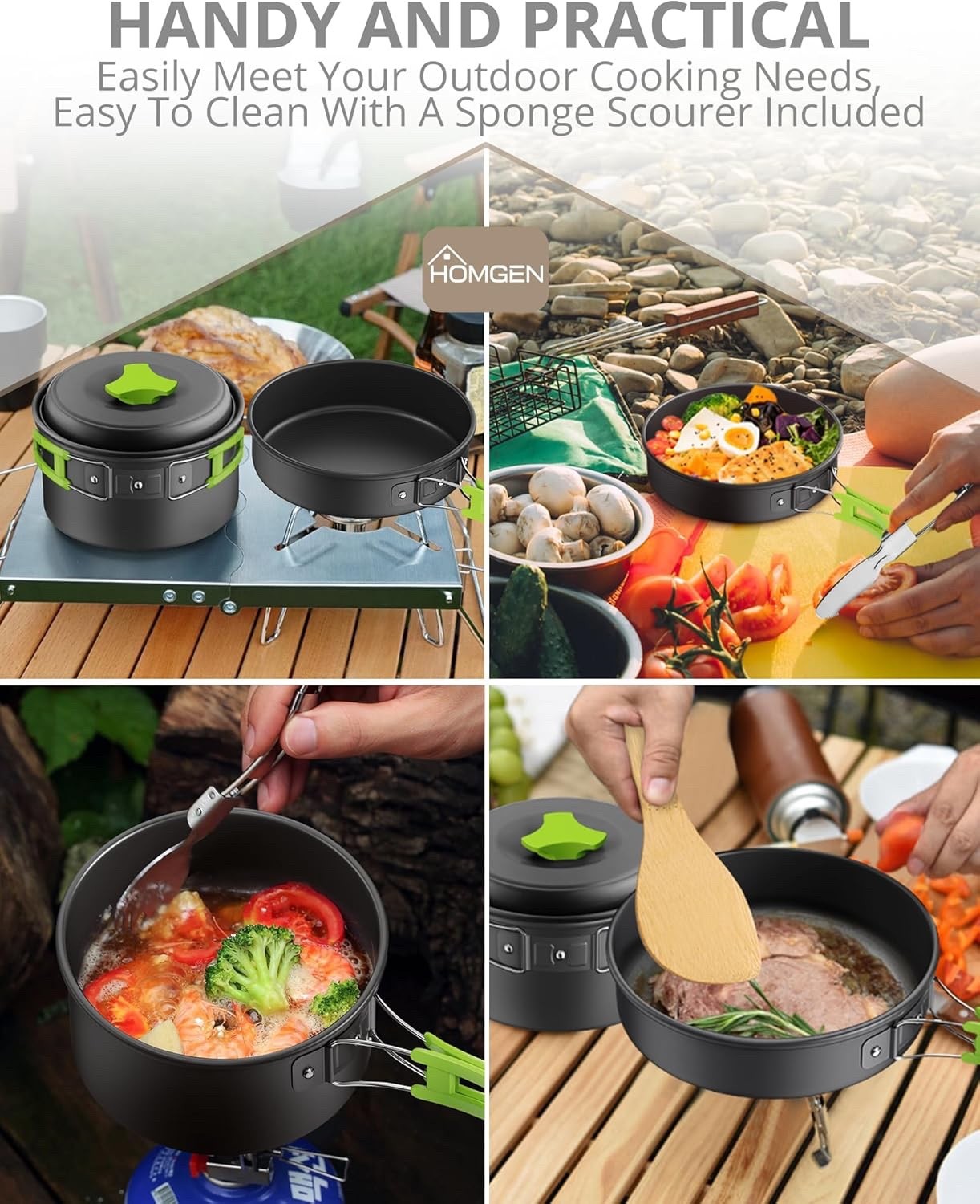 Green Camping Cookware Set with Pot Frying Pan Kettle & Utensils for 1-2 People