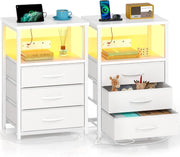 Set of 2 White LED Bedside Tables with USB Charging | 3-Drawer Modern