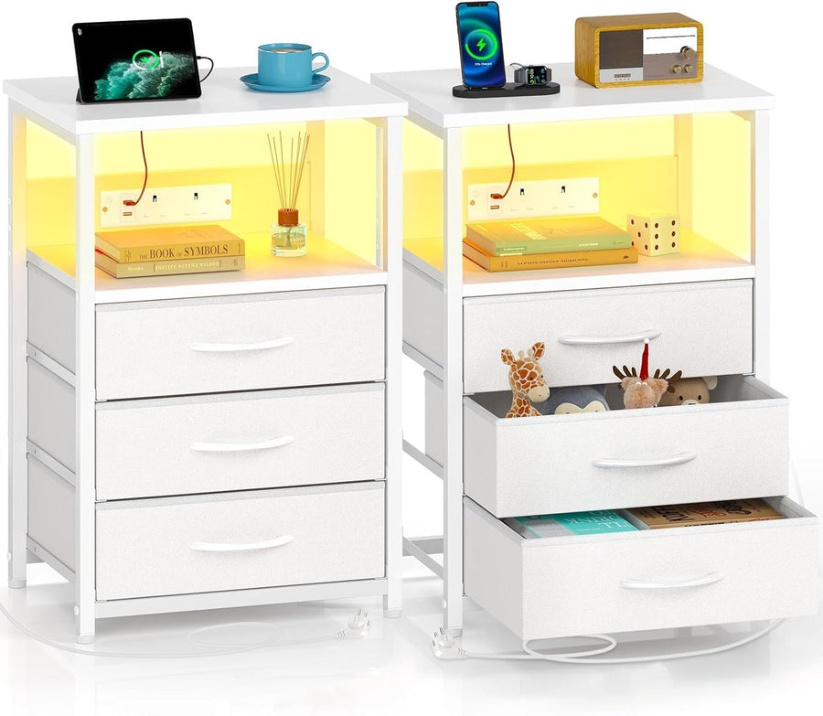 Set of 2 White LED Bedside Tables with USB Charging | 3-Drawer Modern