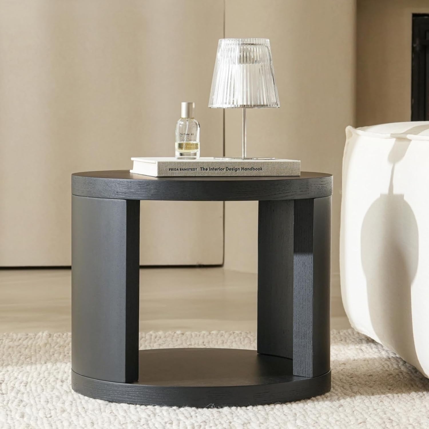 Set of 2 Round Coffee Tables, Pine Wood Side Tables, Black 80/46cm