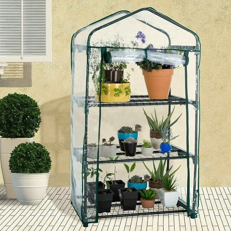 3 Tier Mini Greenhouse Clear PVC Cover Roll-Up Door Outdoor Plant Cold Frame