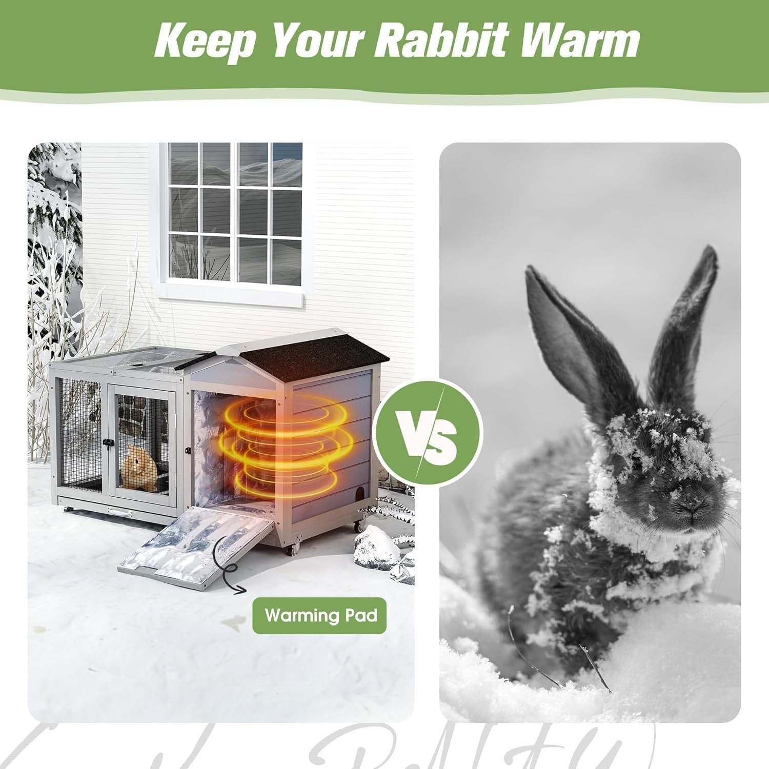 Large Insulated Wooden Rabbit Hutch Indoor Outdoor with Tray Lock Wheels