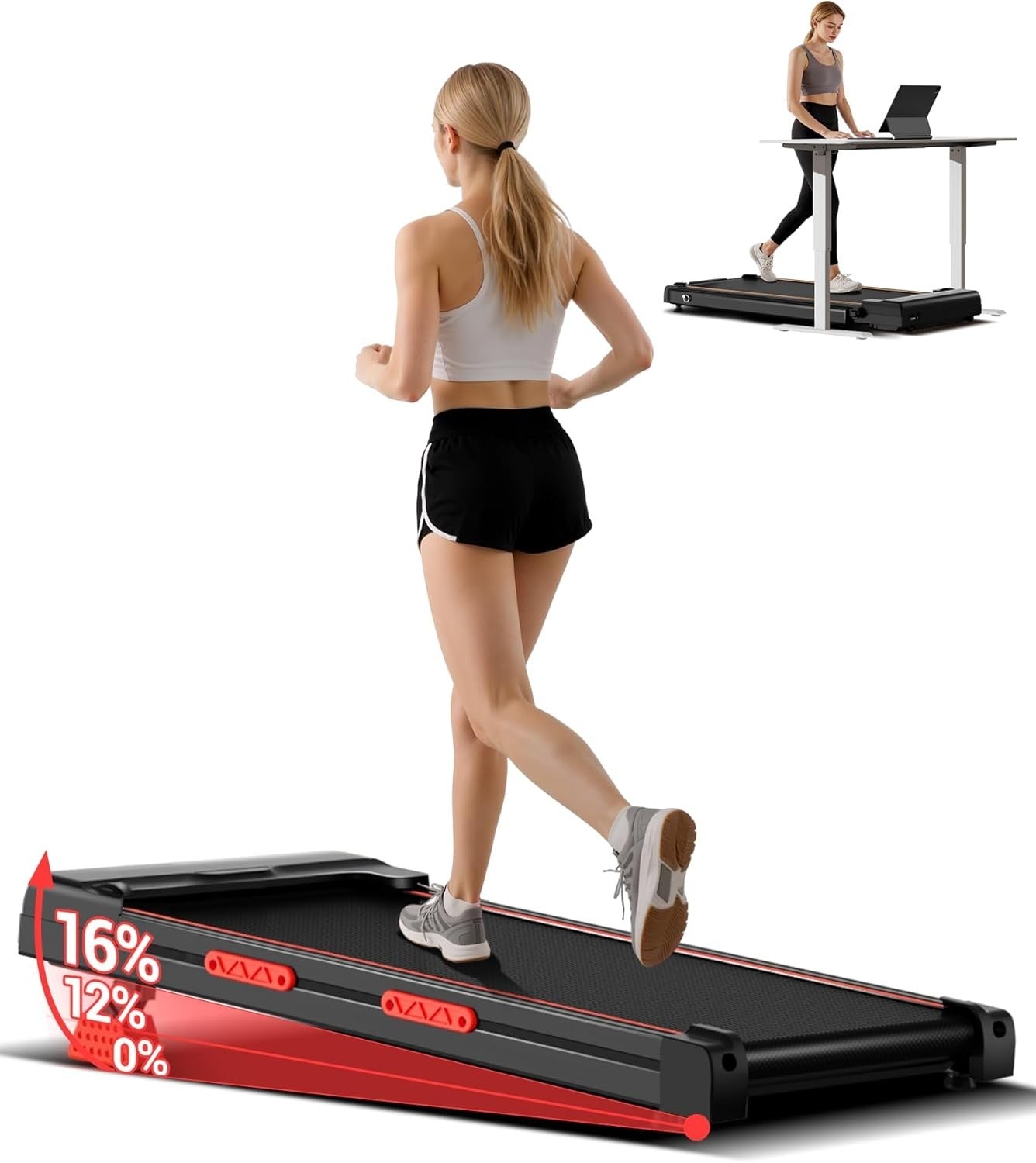 Under Desk Treadmill 16% Incline Compact Walking Pad Home Office Gym