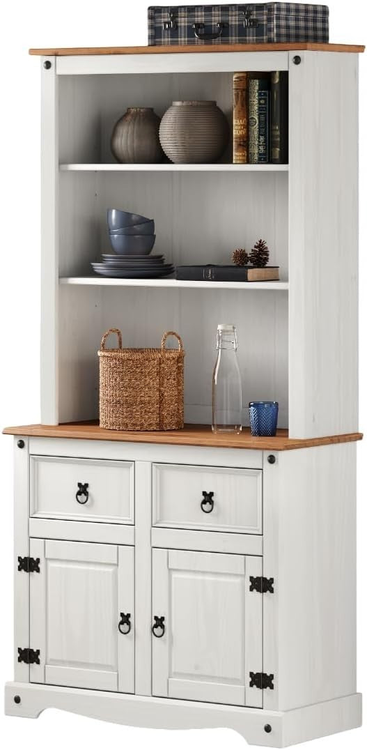 White Wax Buffet Hutch Small Sideboard 2 Doors 2 Drawers 176H