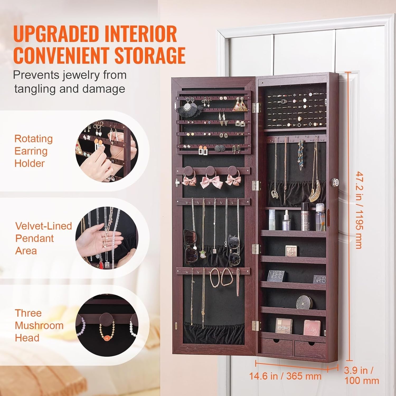 LED Jewelry Mirror Cabinet Lockable Wall Mounted Full Length Storage Brown