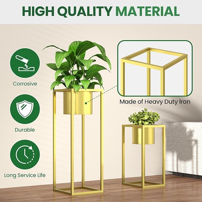 Set of 2 Tall Gold Metal Plant Stands Indoor Outdoor Modern Flower Pots