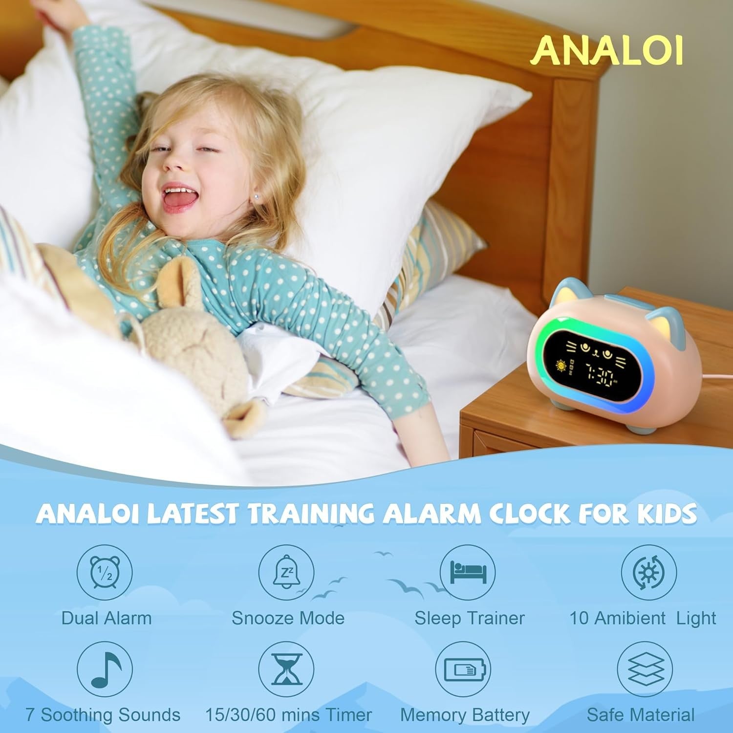 Kids Sleep Training Alarm Clock Dual Alarm Colour Night Light Snooze Timer