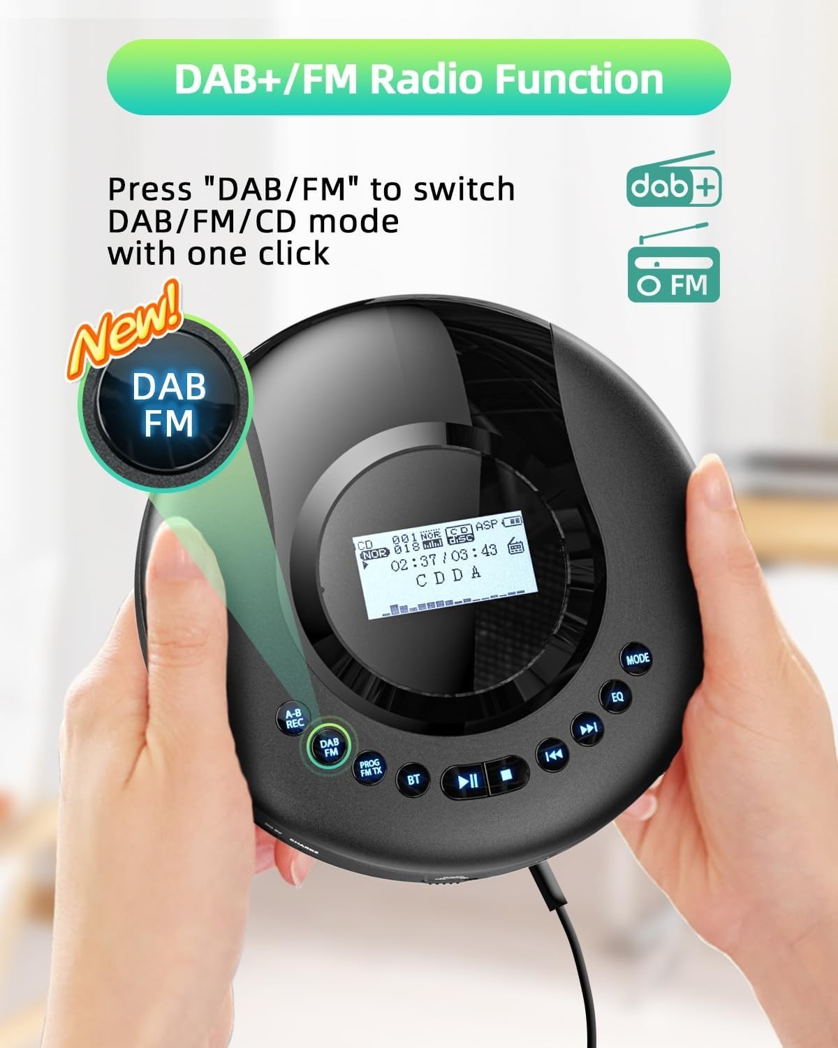 Portable CD Player DAB+ FM Bluetooth 5.2 Discman 2000mAh Rechargeable