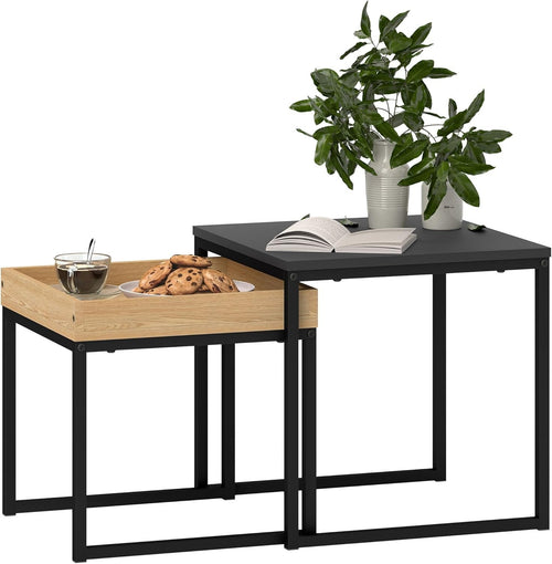 Square Nesting Coffee Side Tables Set, Black & Wood Effect, Steel Frame 30kg Max