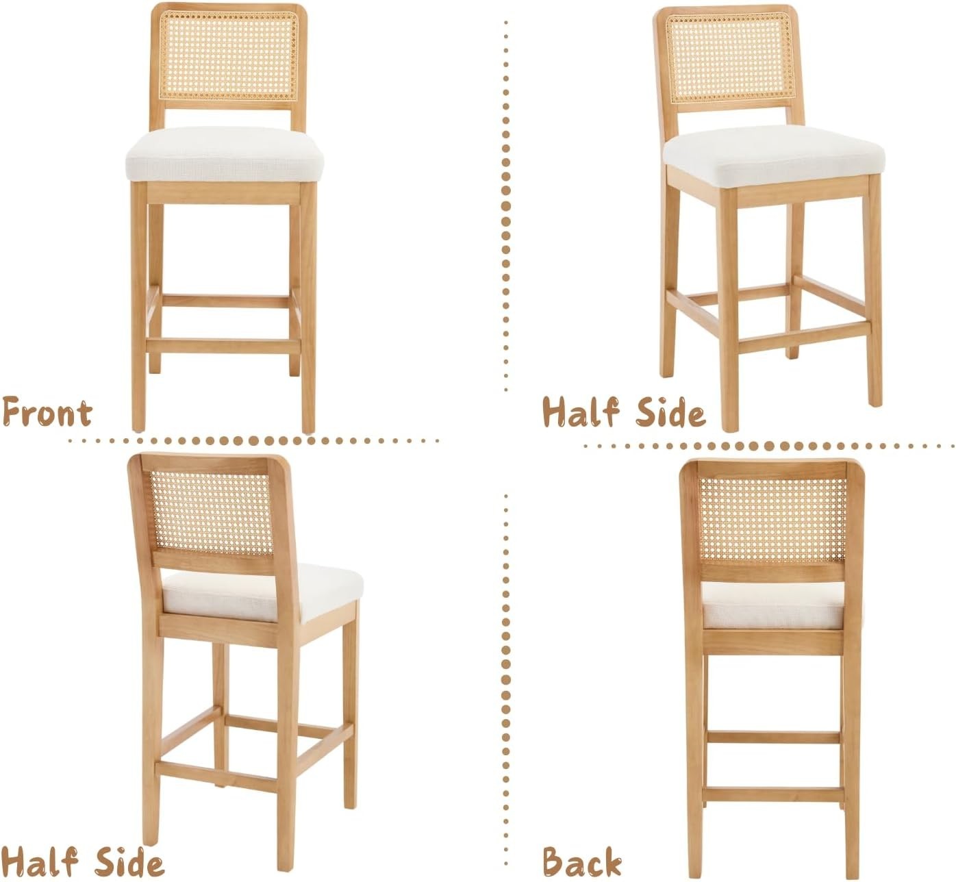 White Chenille Bar Stool Set of 2 with Rattan Back Wooden Legs