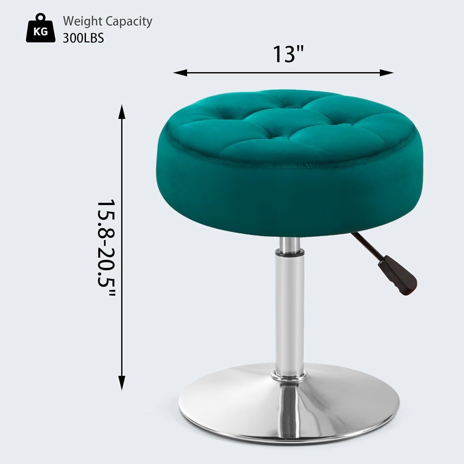 Teal Velvet Swivel Vanity Stool – Adjustable Tufted Round Makeup Chair Chrome