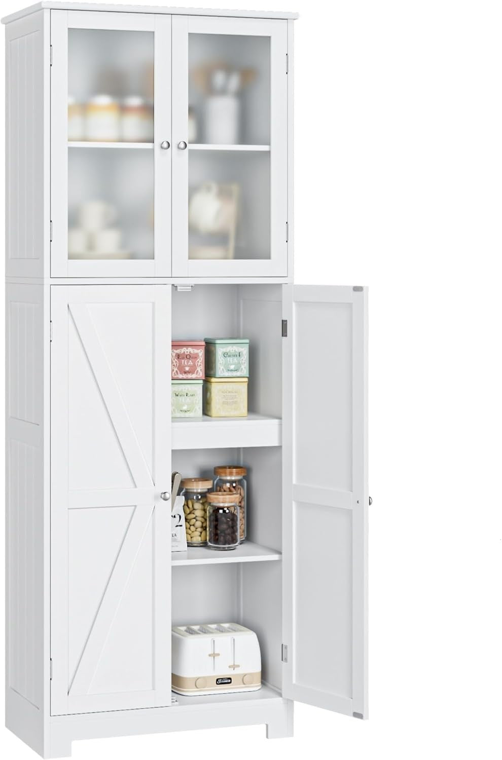 170cm White Kitchen Pantry Cupboard | 4-Door Glass Storage Cabinet