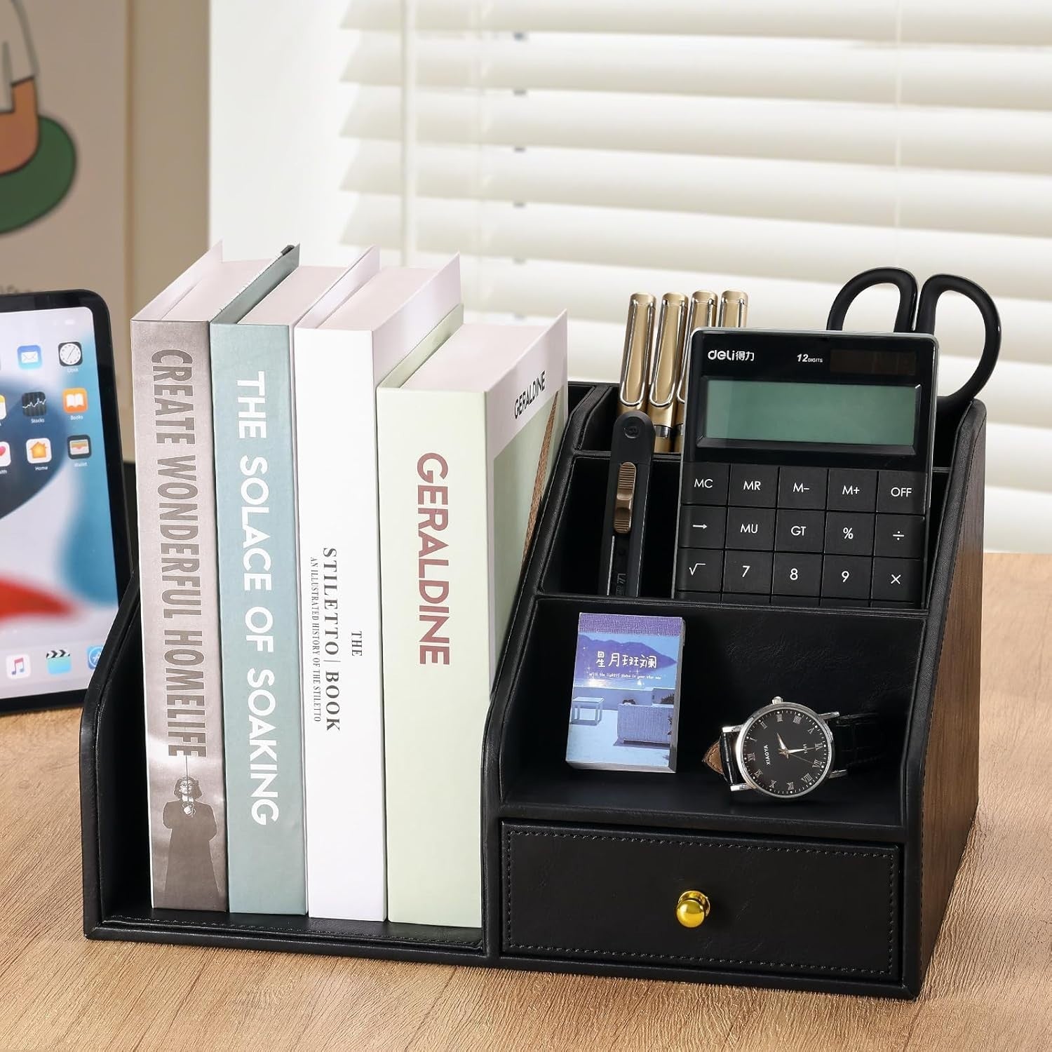 Black PU Leather Desk Organizer with A4 Magazine Rack & Pen Holder