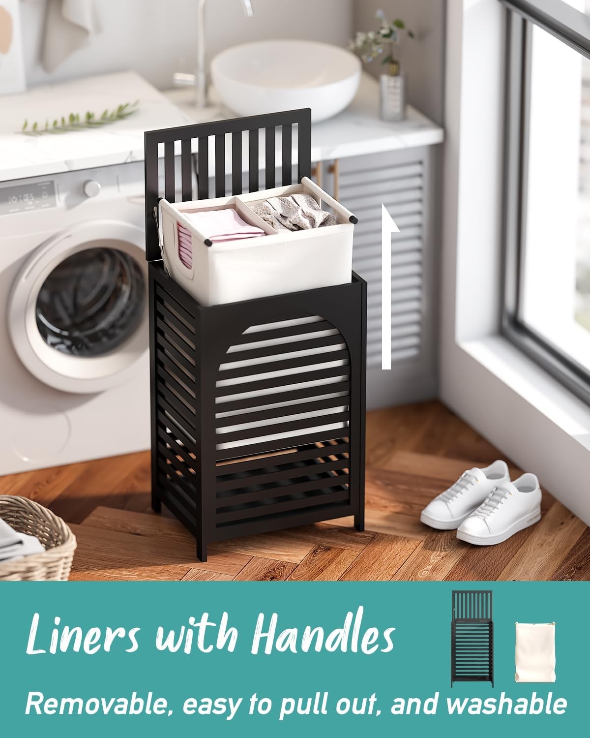 Black Bamboo Laundry Hamper 85L with Lid & Removable Liner | Ventilated Clothes