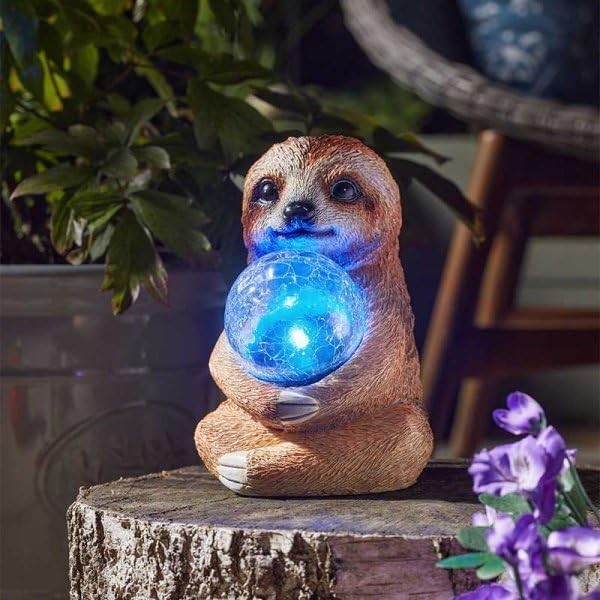Solar Sloth Garden Ornament 37cm Crackle Ball LED Light Outdoor Patio Decor Gift