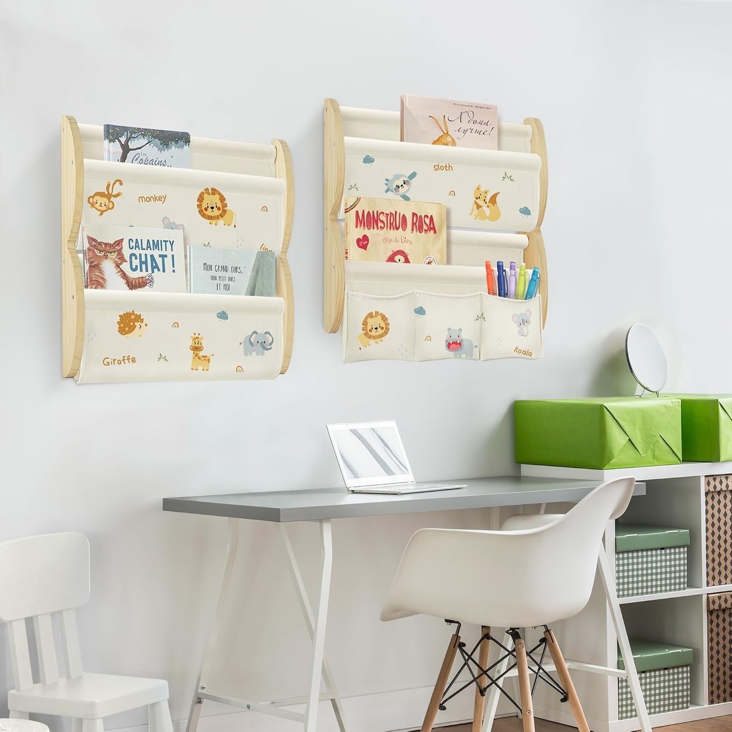 Kids Wall Mounted Bookshelf 4 Tier Floating Shelf with Pockets – Woodland Animal
