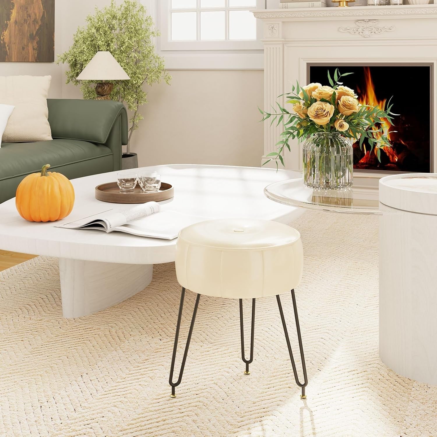 White Faux Leather Pumpkin Vanity Stool Round Modern Footrest Seat