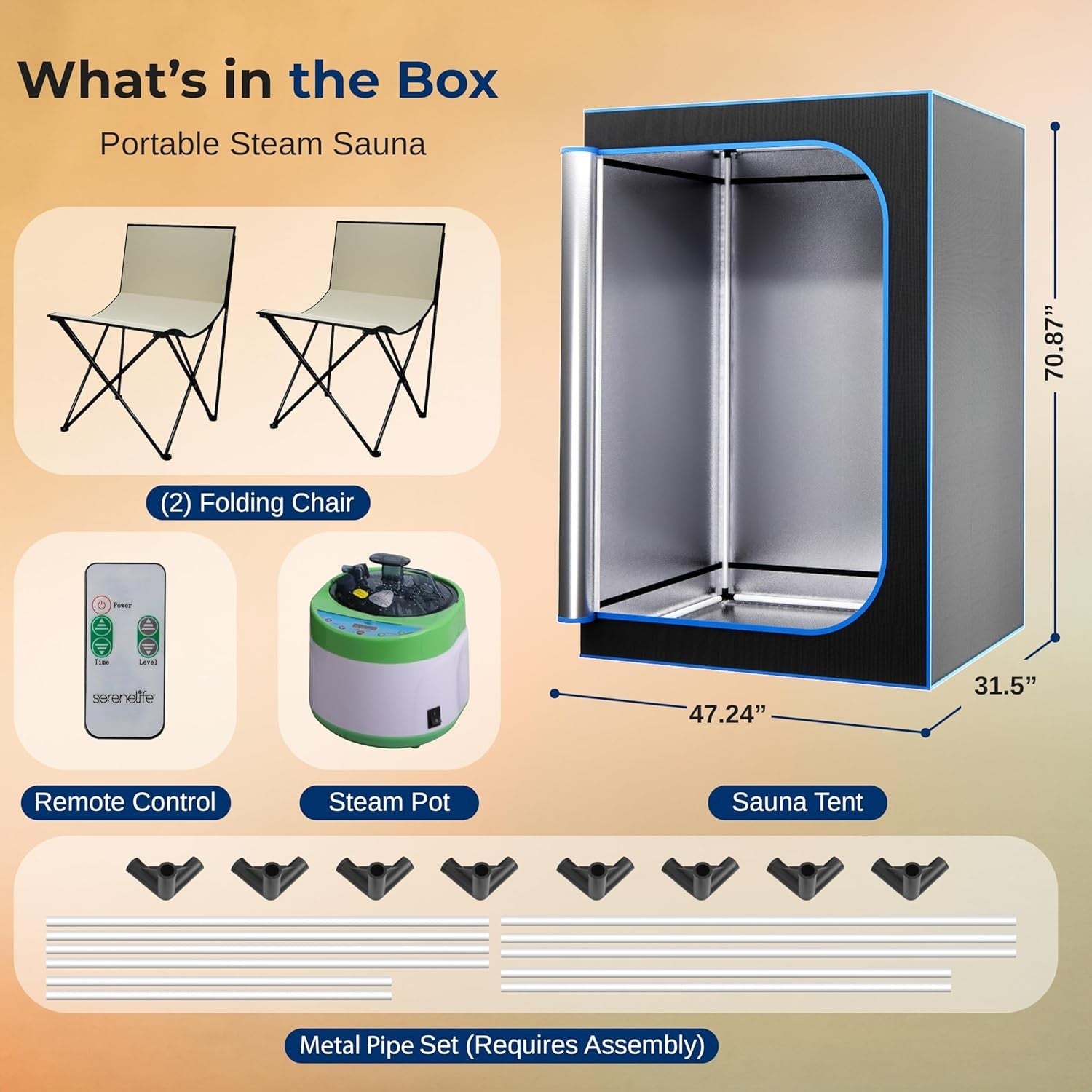 Compact Portable Steam Sauna – Folding Chair & Heated Foot Pad, Black