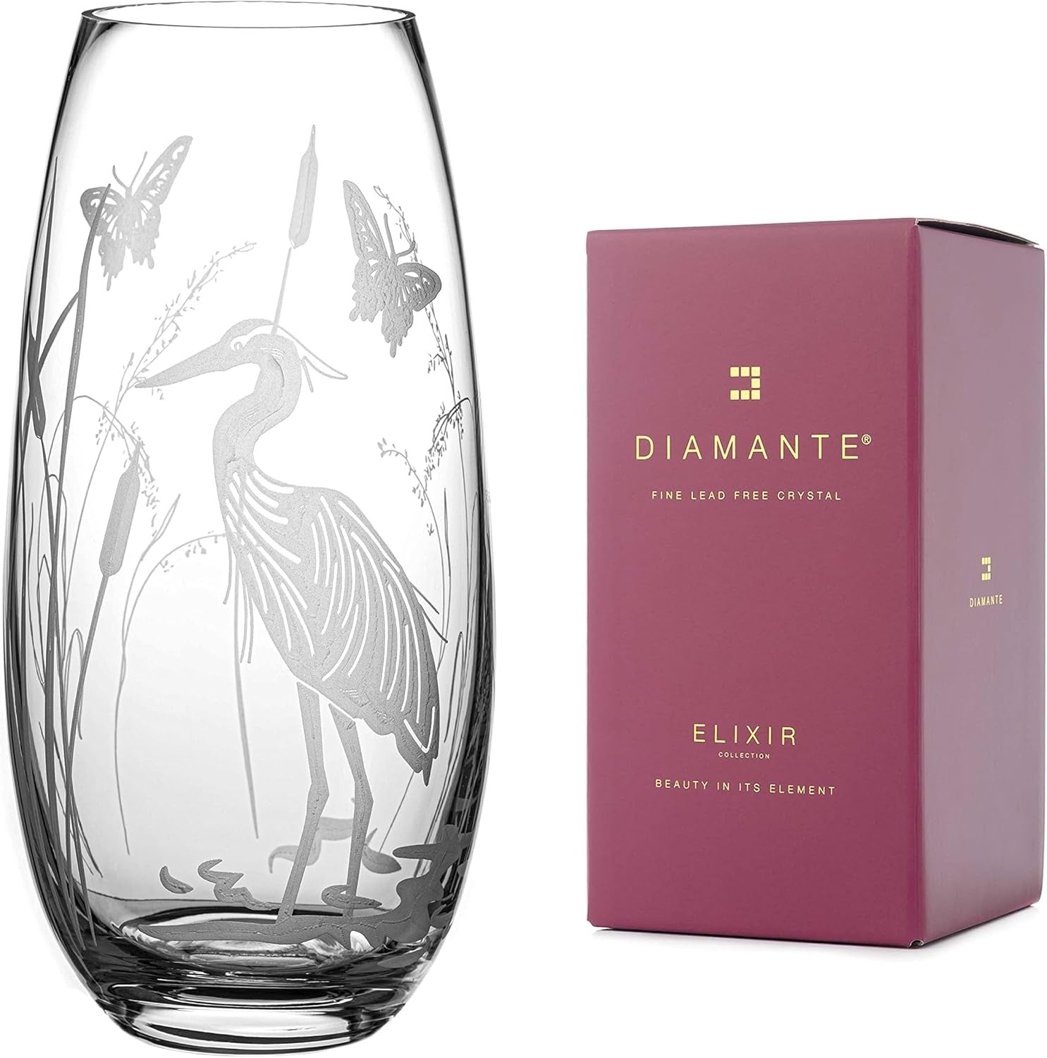 Crystal Glass Flower Vase 25cm Tall Etched Heron Bird Modern Home Décor